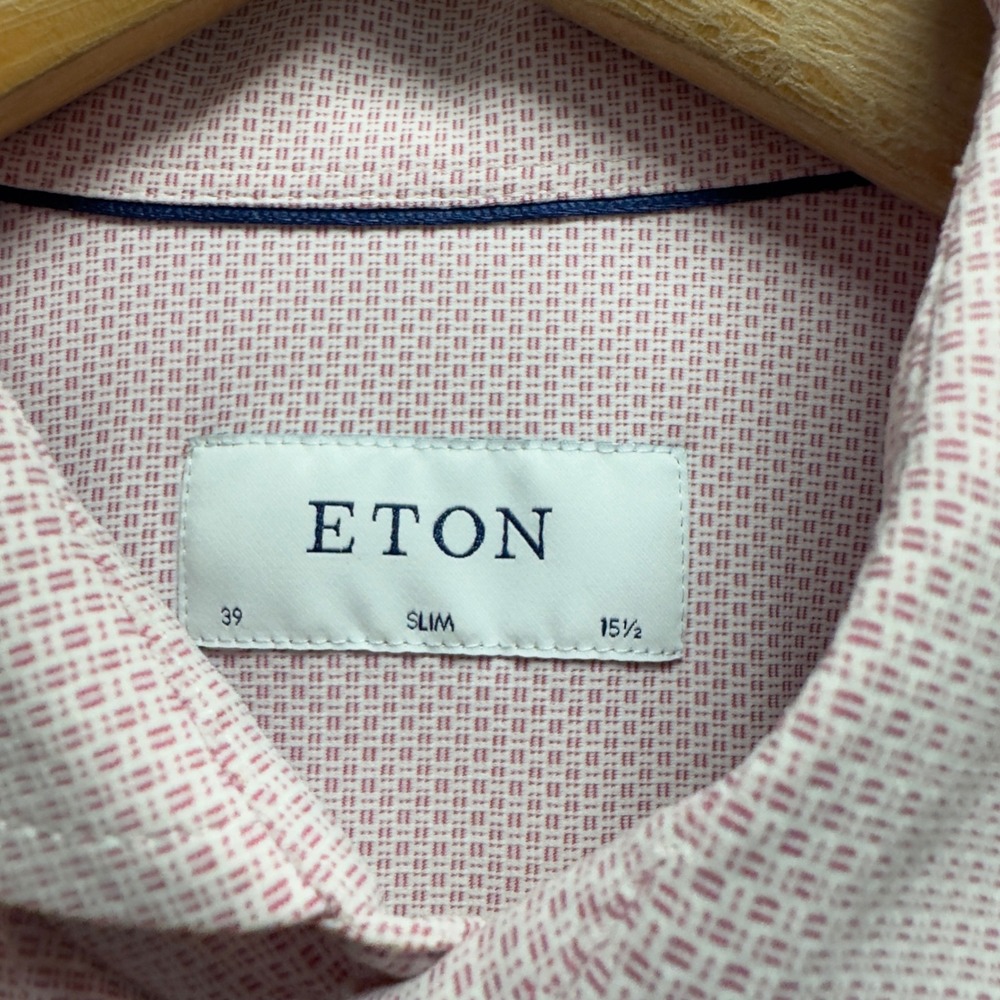 Eton Men's 15.5/39 Slim Pink/White Geometric Performance Stretch Dress Shirt euc - Picture 3 of 7